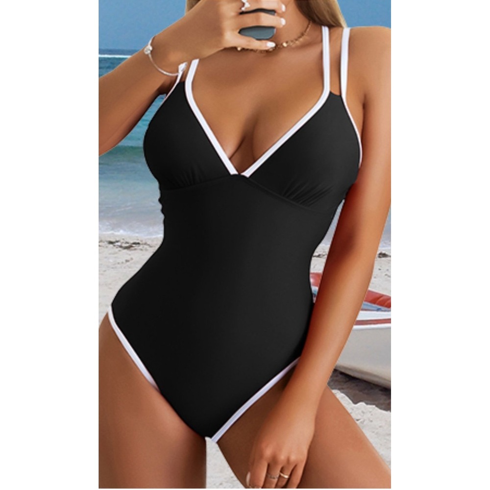 B2prity Women's V Neck One Piece‎ Tummy Control Cross Back Swimsuit, Medium